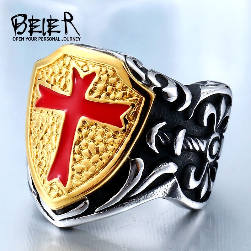 Stainless Knights Templar Cross Armor Shield Ring | Mens Premium Jewelry