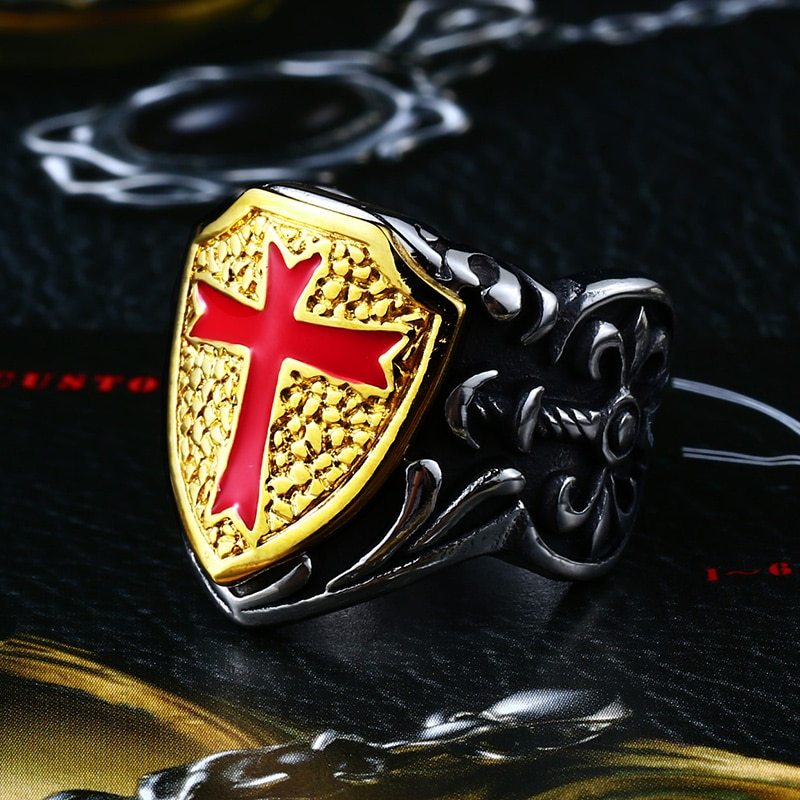 Stainless Knights Templar Cross Armor Shield Ring | Mens Premium Jewelry