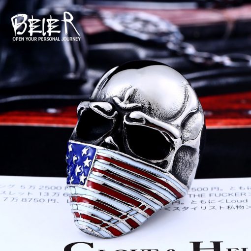 American Flag Stainless Steel Skull Ring
